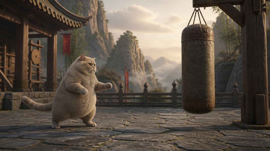 KAT facing a hanging punching bag in an ancient mountain dojo